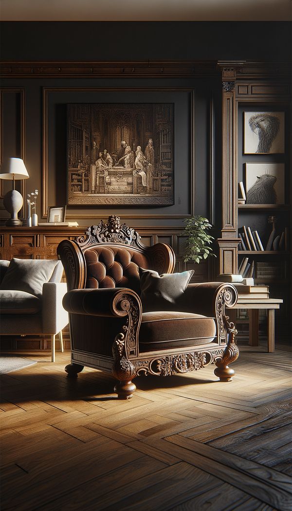 A living room featuring a heavy oak Jacobean-style armchair with intricate carvings and a velvet cushion, set against a backdrop of dark, rich wall colors and contemporary art.