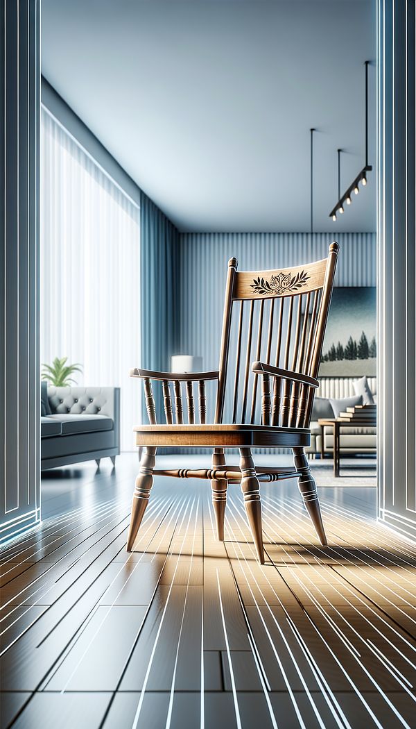 A classic Hitchcock Chair with its distinctive spindled backrest, painted finish, and stenciled decorations. The chair is positioned in a bright, elegantly designed interior space, showcasing its beauty and versatility in a contemporary setting.