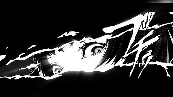A dramatic black and white illustration featuring a close-up of a woman's eye and part of her face, set against a dark background.