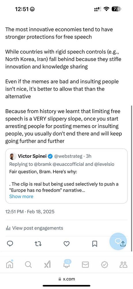 A social media post discussing the importance of free speech for innovative economies.