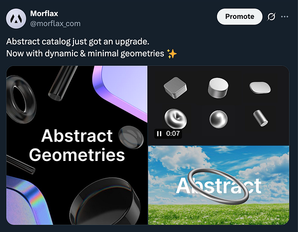 The image features a promotional graphic for Morflax's updated abstract catalog, showcasing various geometric shapes against contrasting backgrounds.