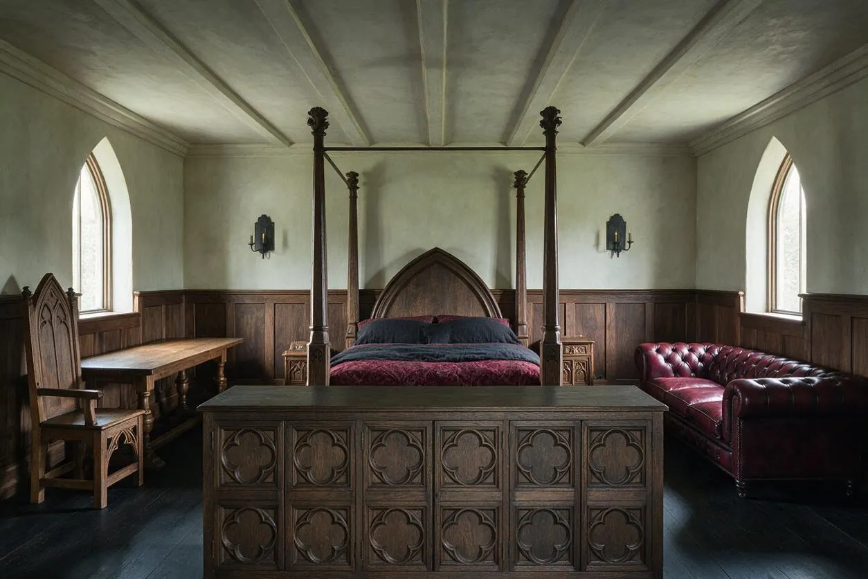 A Gothic-style bedroom with a carved four-poster bed centered against the back wall, flanked by small wooden nightstands and dark wall sconces. The room includes a red leather Chesterfield sofa on one side, a carved wooden chair and desk on the other, arched windows, paneled wood walls, and a dark floor under a pale vaulted ceiling.
