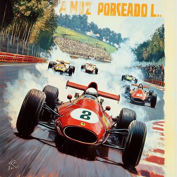 A dynamic racing scene featuring classic Formula 1 cars on a wet track.