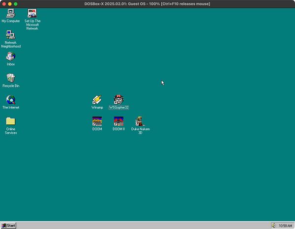 The image displays a Windows 95 desktop environment running in DOSBox with several game icons.