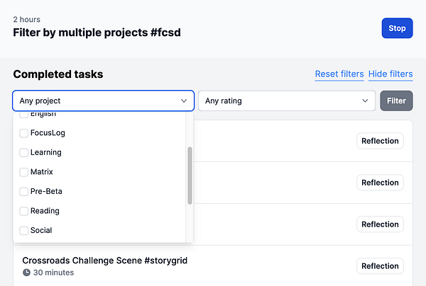 The image displays a user interface for filtering completed tasks by multiple projects in a productivity application.