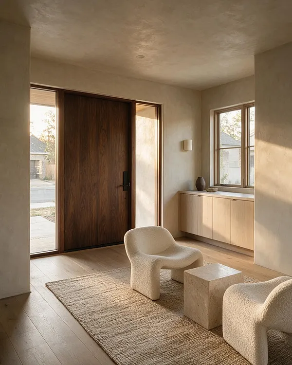 A softly lit front porch with plaster walls, a dark wood front door, and large windows bringing in warm daylight. The space includes a light wood built-in cabinet, a woven rug, two sculptural cream lounge chairs, and a stone pedestal table, creating a calm Organic Modern entry.