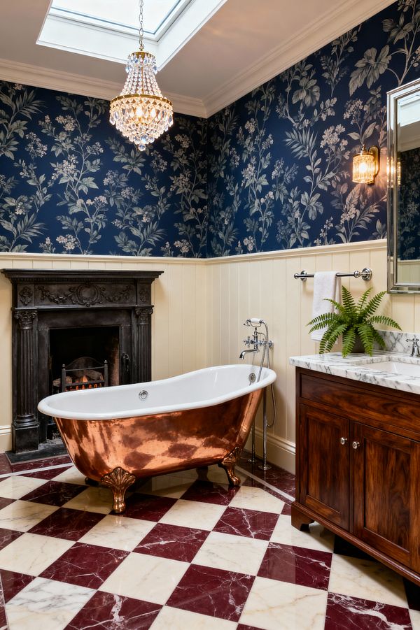 A richly detailed Victorian-style bathroom features a freestanding hammered copper slipper tub with claw feet on a burgundy-and-ivory marble checkerboard floor. Deep navy floral wallpaper sits above cream tongue-and-groove wainscoting, while a black cast-iron fireplace glows beside a dark wood vanity topped with white marble. A brass-and-crystal chandelier under a skylight and a ribbed glass sconce pair with chrome bath fittings to create a warm, elegant atmosphere.