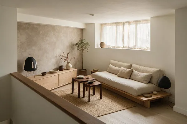 A minimalist basement living area with a low wooden platform sofa dressed in cream cushions, two small nesting tables, and a woven rug. Soft sheer curtains filter daylight from a horizontal window, while a textured accent wall, pale wood storage, and black sculptural lamps create a calm Japandi atmosphere.