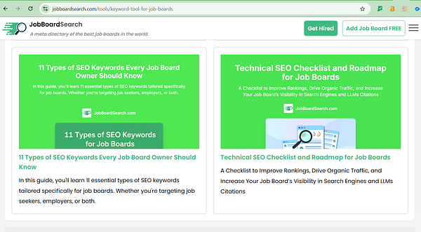 The image displays a webpage from JobBoardSearch featuring two articles focused on SEO for job boards.