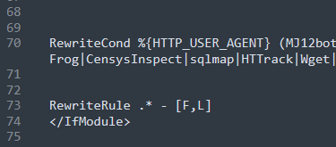 The image displays a snippet of code related to blocking malicious bots in a web server configuration.
