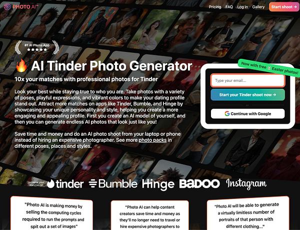 The image features a promotional webpage for an AI photo generator designed to enhance dating profiles on various platforms.