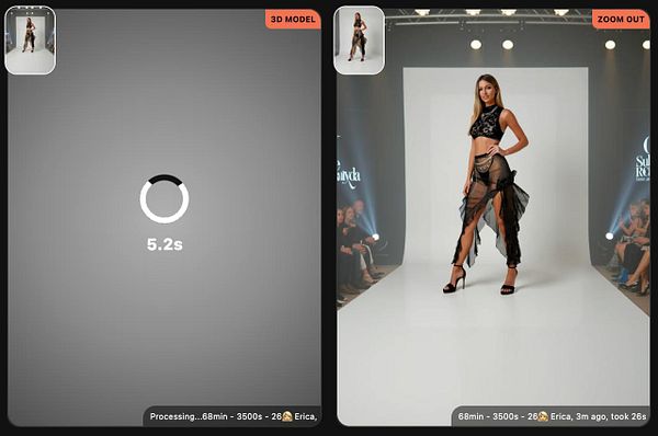 The image displays a fashion model on a runway alongside a loading interface for a 3D modeling process.