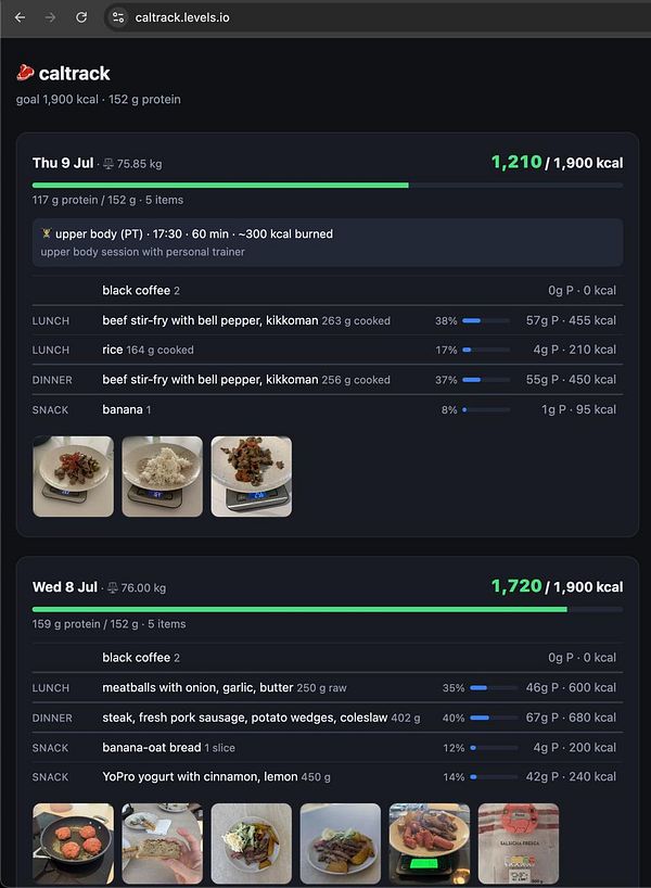 Screenshot of a Telegram chat showing a food diary with calorie and protein counts, accompanied by an image of a salad.