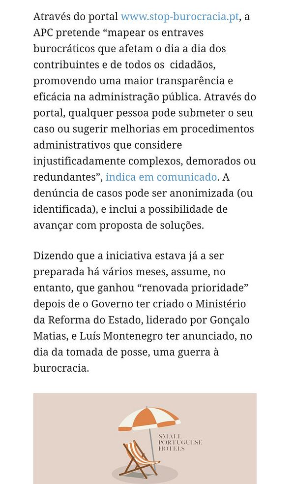 The image features an article discussing the launch of a bug board by the Taxpayers Association of Portugal.