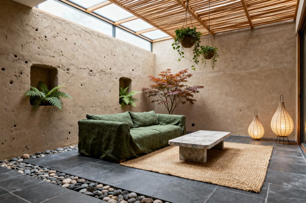 A skylit living room with textured clay-plaster walls and a slatted wood ceiling features a moss-green linen sofa on a jute rug, centered by a low stone coffee table. Slate tiles edged with river pebbles, recessed wall niches with ferns, a small Japanese maple, hanging planters, and two glowing rattan floor lanterns create a calm, indoor-outdoor atmosphere with natural materials, soft daylight, and living plants.