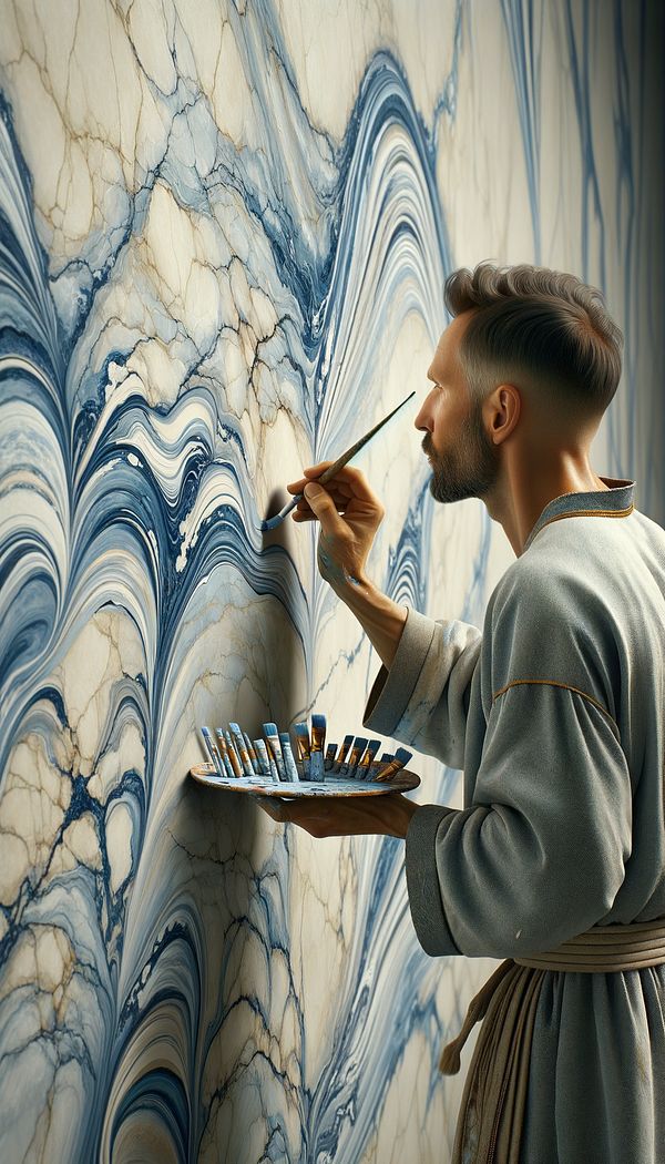 A skilled artist meticulously applying glaze to a wall, using a variety of brushes to replicate the intricate pattern of blue and white marble.