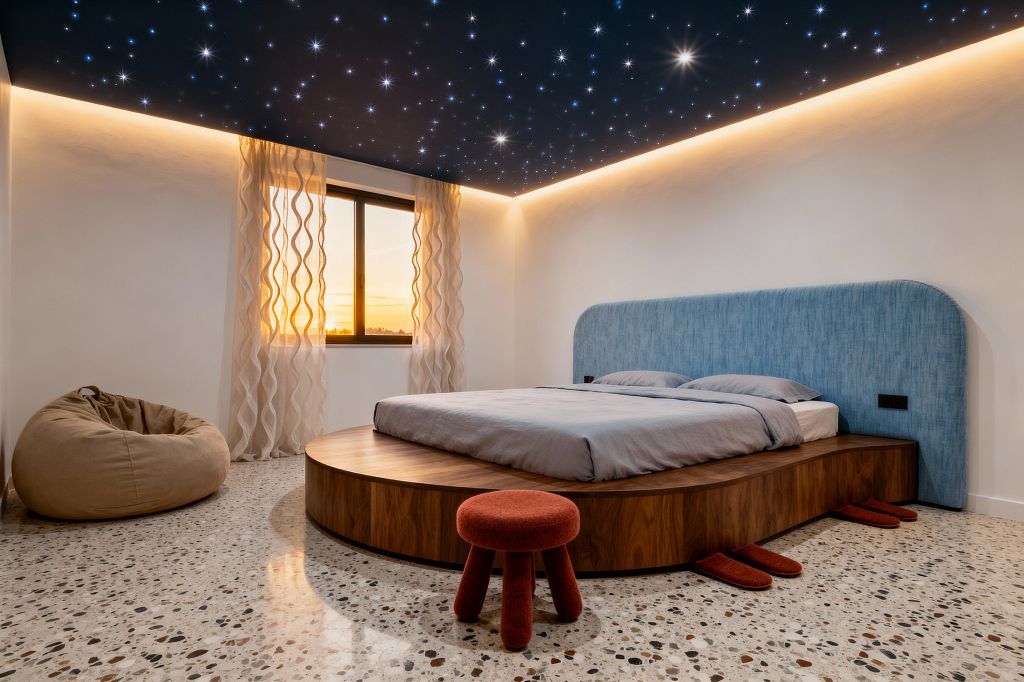 A contemporary kids’ bedroom features a navy ceiling sprinkled with fiber‑optic star lights and warm cove illumination around the perimeter. Centered is a low, round walnut platform bed with an oversized, arched blue upholstered headboard and gray bedding, set on terrazzo floors; nearby are a rust‑red stool, matching slippers tucked under the platform, a sand‑beige beanbag, and a black‑framed window dressed with sheer wavy curtains glowing with sunset light.