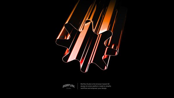 A sleek, metallic 3D design element is prominently displayed against a black background.