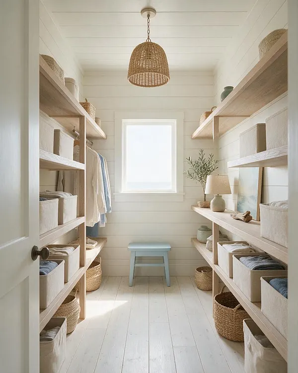 A narrow coastal-style closet with white shiplap walls and pale wood shelving on both sides. Canvas storage bins and woven baskets line the shelves, a woven pendant light hangs from the ceiling, and a small light blue stool sits beneath a bright window at the far end.