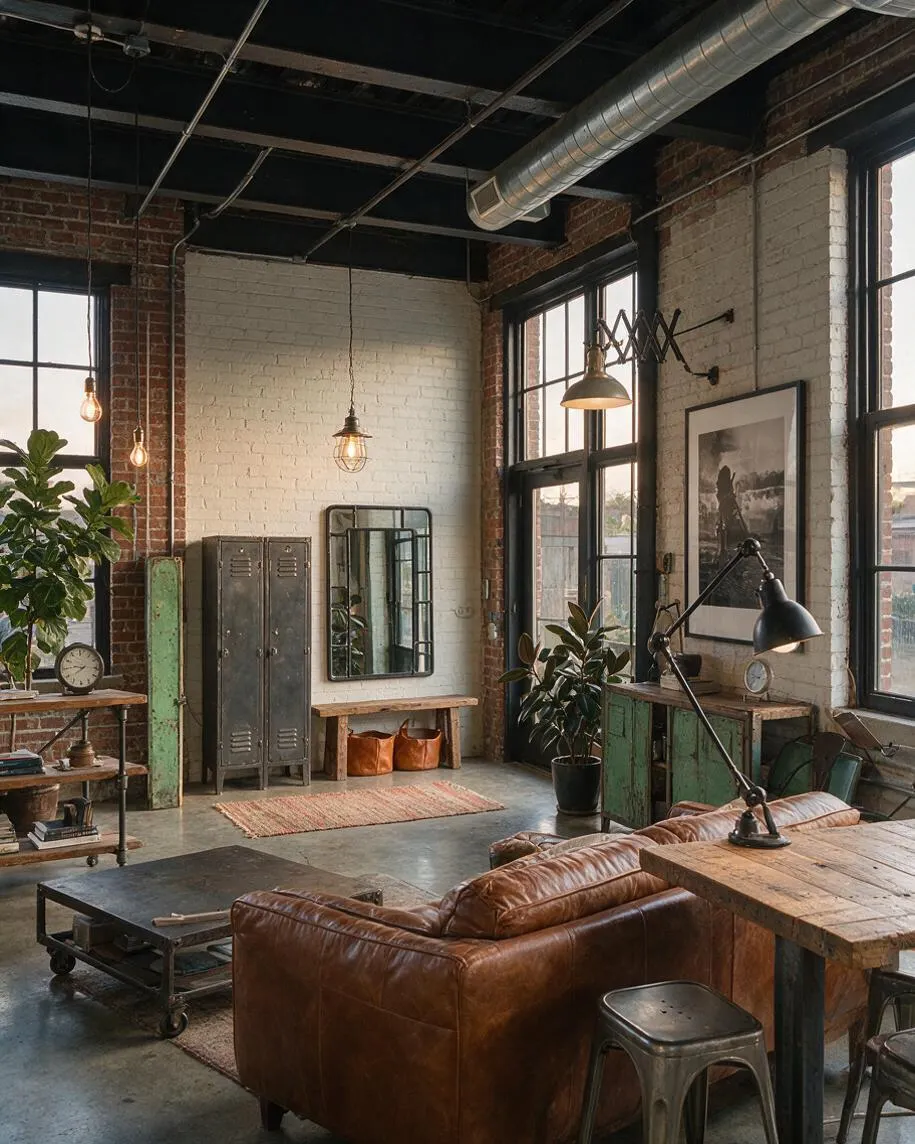 An industrial entryway with white painted brick walls, exposed red brick, black ceiling beams, and large factory-style windows. The space includes vintage metal lockers, reclaimed wood benches and desks, hanging filament bulbs, potted plants, and a worn brown leather sofa on a concrete floor.