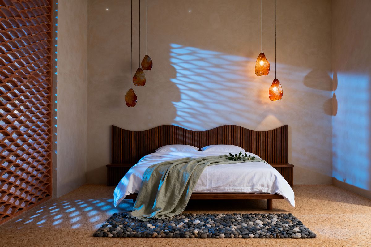 Room AI – Coastal Bedroom with Wave Headboard and Pebble Rug
