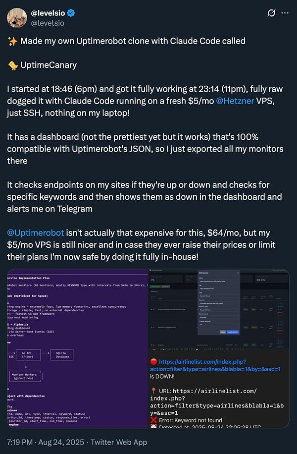 The image features a split-screen view of a Twitter post and a technical dashboard related to a monitoring tool called UptimeCanary.