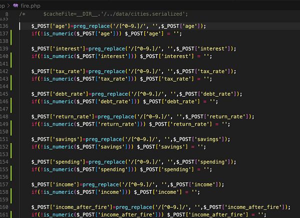 The image displays a snippet of PHP code from a file named fire.php, focusing on input validation and sanitization.