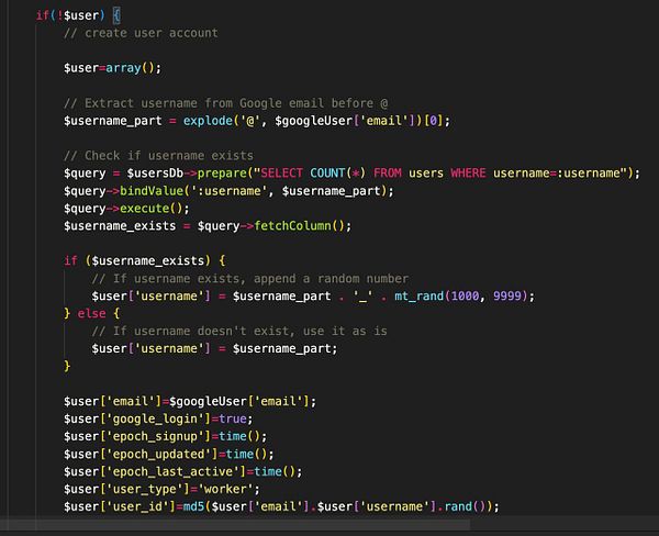 The image displays a code snippet for creating a user account with Google login and extracting the username from the email.