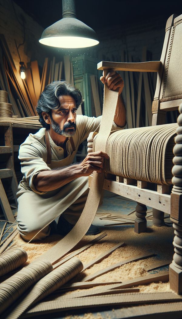 A skilled craftsperson stretches a strip of jute webbing across the frame of a chair, preparing it for the next stage of construction.