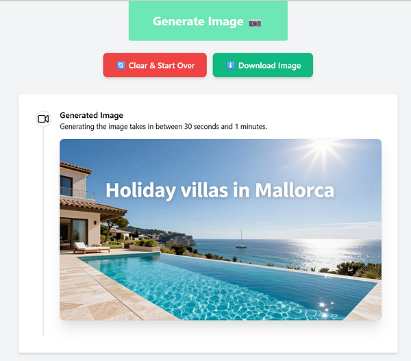 The image features a picturesque view of holiday villas in Mallorca with a swimming pool in the foreground.