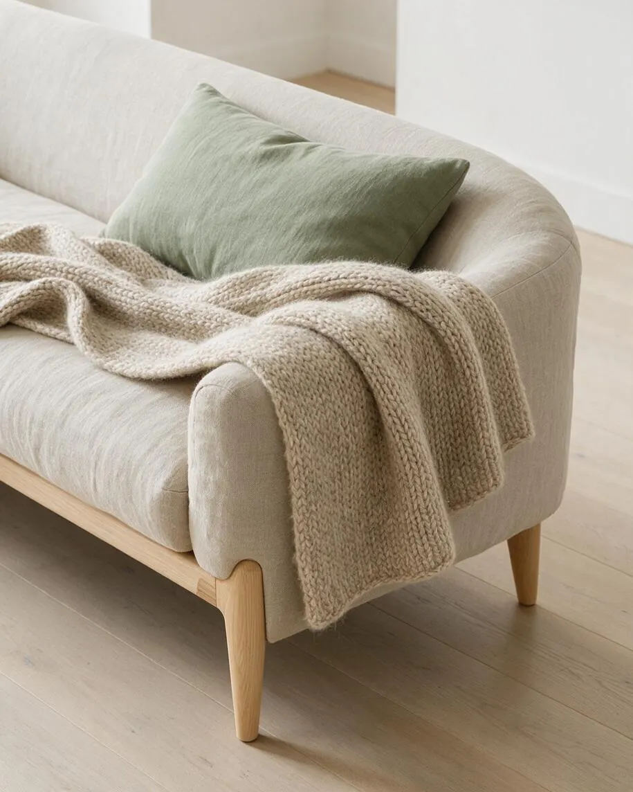 A Scandinavian-style sofa with a light beige upholstered frame, rounded arms, and tapered oak legs. A sage green pillow and chunky knit throw blanket add soft texture against the neutral linen-like fabric and pale wood floor.
