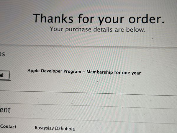 The image displays a confirmation screen for an Apple Developer Program membership purchase.