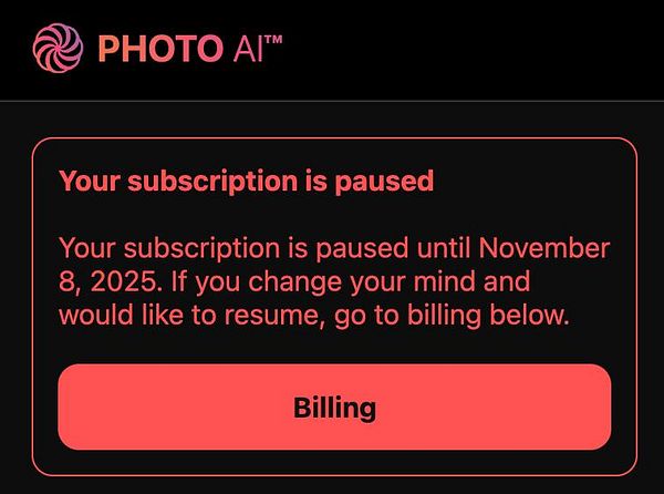 The image displays a subscription status notification for a service called PHOTO AI.