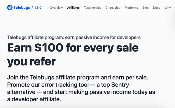 The image displays a webpage promoting the Telebugs affiliate program for developers.