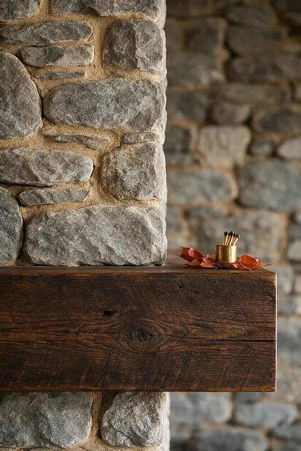 A close-up view of a rustic stone fireplace or wall with irregular gray stones set in tan mortar. A thick dark-stained wood beam projects horizontally across the frame, topped with a small brass cup of matches and scattered autumn leaves.