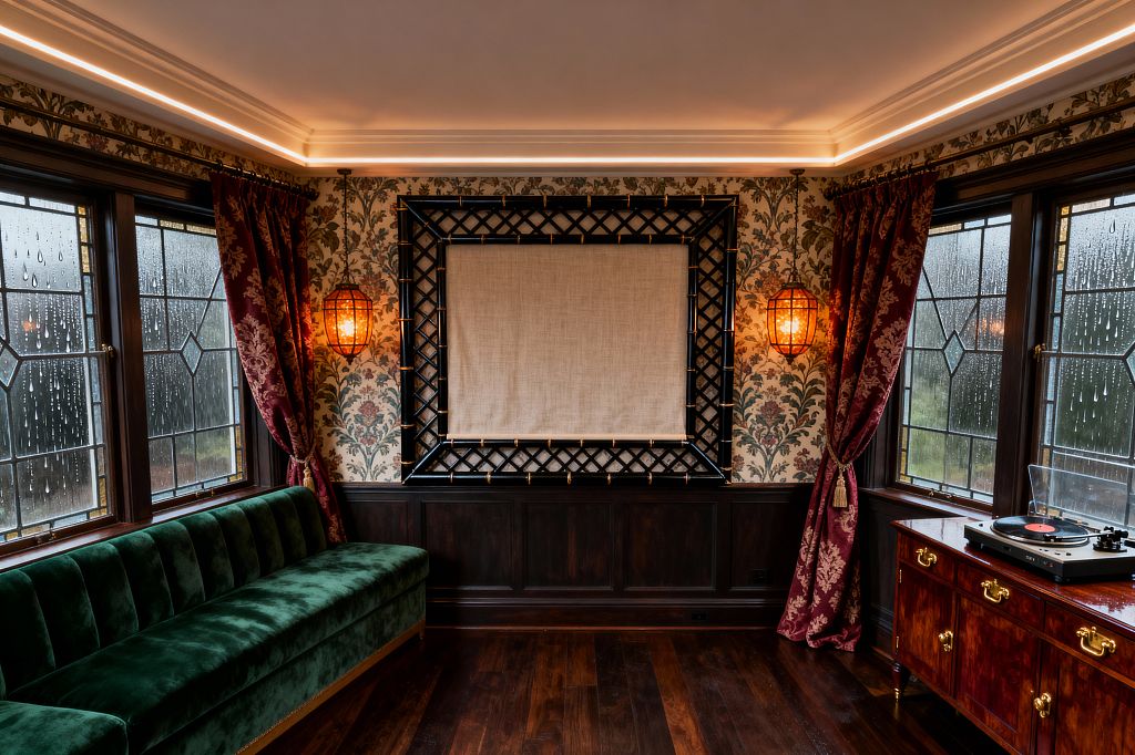 A Victorian-style media room with floral wallpaper and dark wood wainscoting centers on a black trellis frame holding a beige fabric panel, lit by two amber cage sconces. Leaded-glass windows with rain-dappled panes flank burgundy damask curtains, a deep green velvet channel sofa runs along the left wall, and a polished mahogany sideboard on the right supports a record player, all under warm cove ceiling lighting.