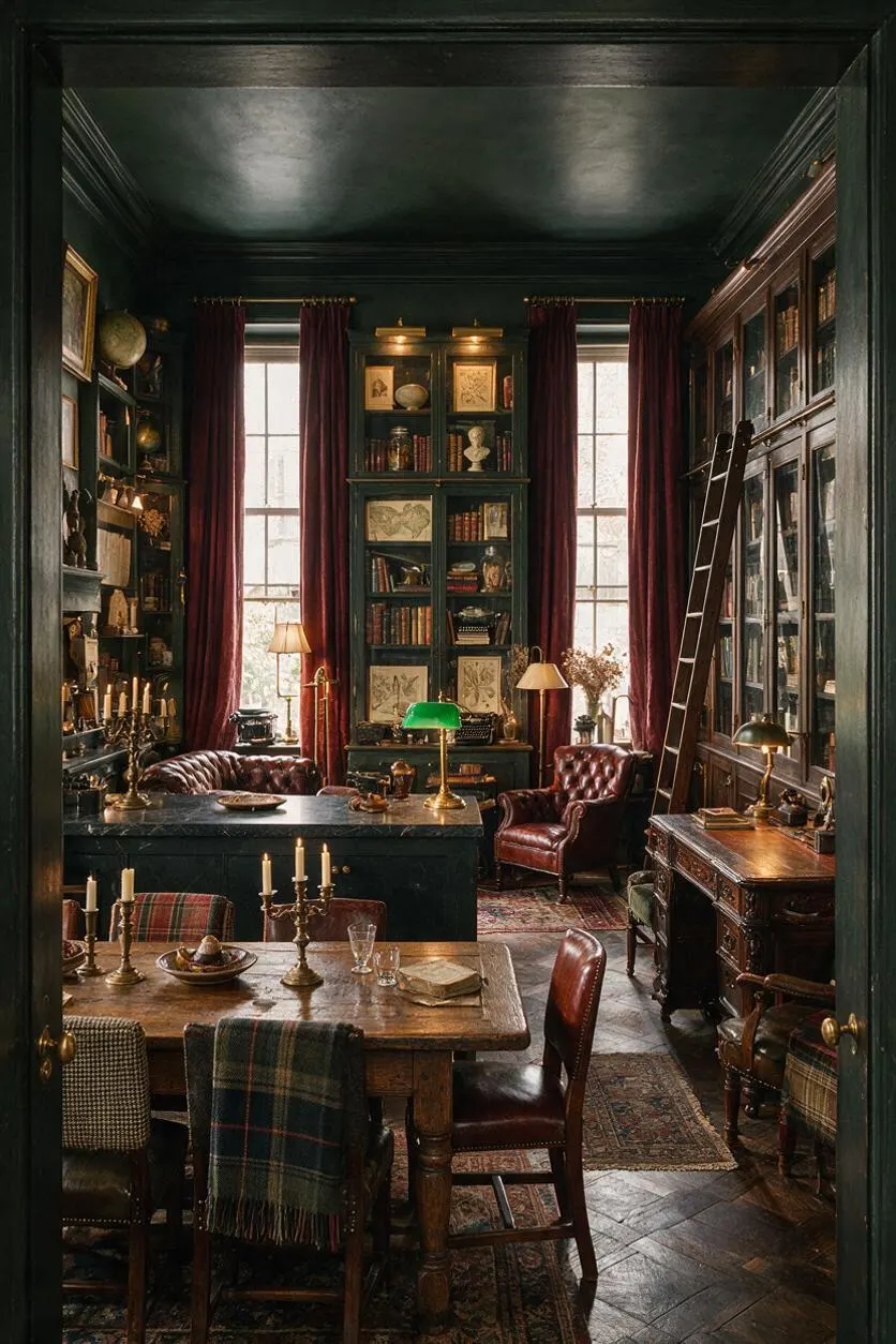 A dark, scholarly kitchen with deep green walls and ceiling, tall windows framed by burgundy velvet curtains, and built-in bookshelves filled with books, maps, and curiosities. A rustic wooden dining table, leather chairs, brass lamps, candles, and a roll-top desk create a warm, layered, vintage atmosphere.