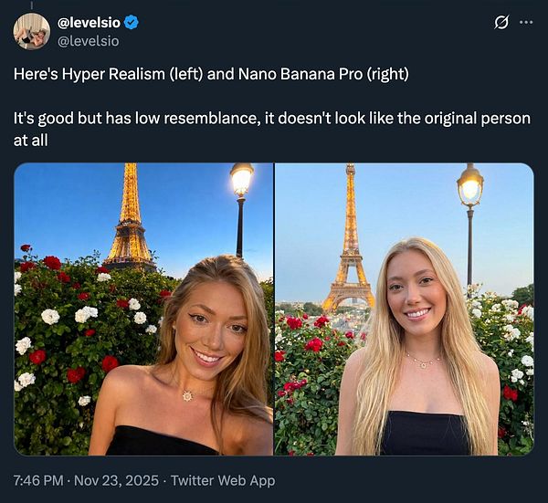 The image features a side-by-side comparison of two portraits, one labeled 'Hyper Realism' and the other 'Nano Banana Pro', both set against a backdrop of the Eiffel Tower.