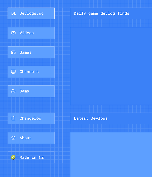 The image displays a user interface design for a game development logging website.