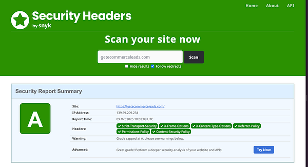 The image displays a security report summary for the website getecommerceleads.com, indicating an overall grade of A.