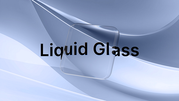 The image features a sleek, modern design with a translucent square shape and the text 'Liquid Glass' prominently displayed.