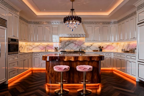 A glamorous kitchen with glossy cream cabinets capped by a silver Greek key frieze and a backlit pink onyx slab used for the backsplash and counters. At center, a sculptural burl-wood island with a stone top faces two pink velvet stools on brass bases beneath a crystal chandelier. Warm cove and toe‑kick LEDs highlight a dark herringbone wood floor, while stainless appliances and polished metal hardware complete the scene.