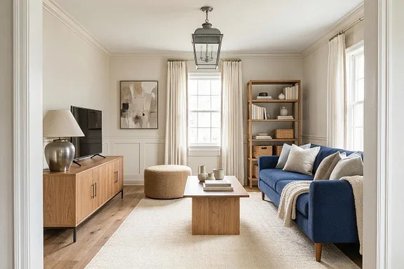 A Transitional living room in the Greige and Navy palette
