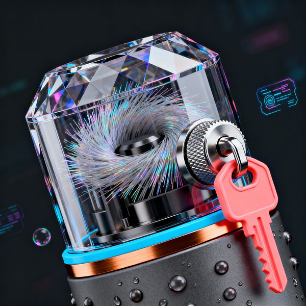 Close-up of a futuristic laundry appliance with a faceted, crystal-like lid over a clear acrylic chamber containing an iridescent fiber agitator around a metal hub. A knurled steel knob holds a bright red plastic key, while a thin electric-blue light ring and copper band wrap the top. The matte graphite body is dotted with water droplets, and small soap bubbles and holographic interface icons float in a dark background.