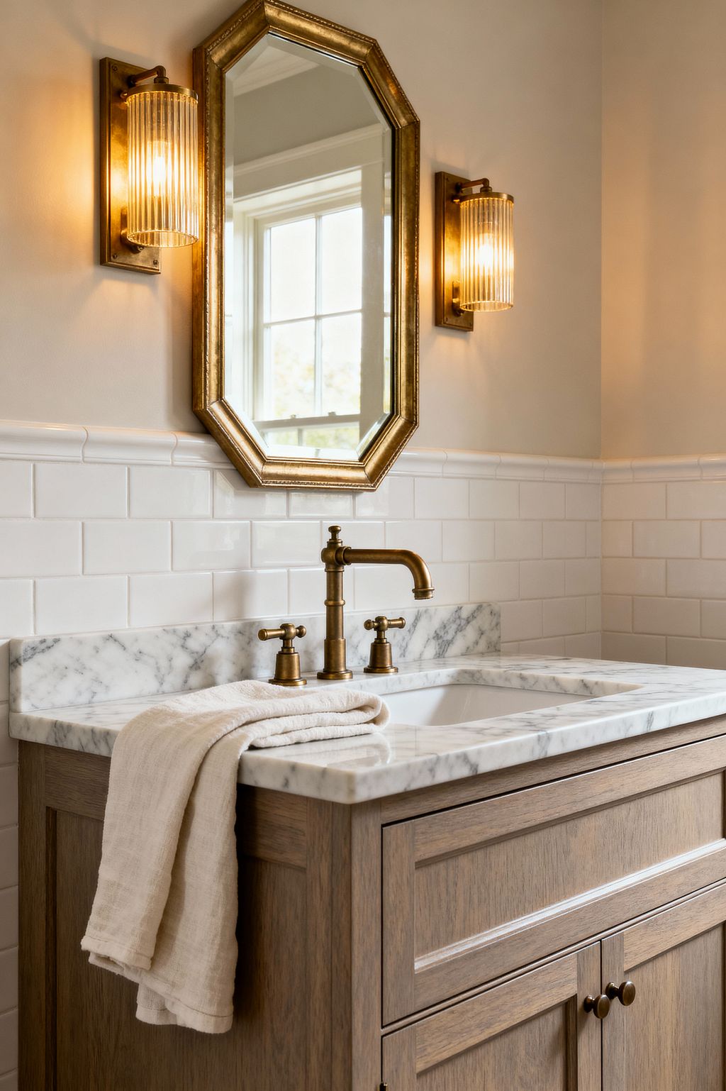Close-up of a transitional bathroom vanity featuring a white oak cabinet with Shaker-style fronts and a gray-veined marble countertop and backsplash, with a beige towel draped over the edge. Above, an octagonal gold-framed mirror is flanked by two brass sconces with ribbed glass, set against glossy white subway-tile wainscoting and soft beige walls, with daylight reflected in the mirror.