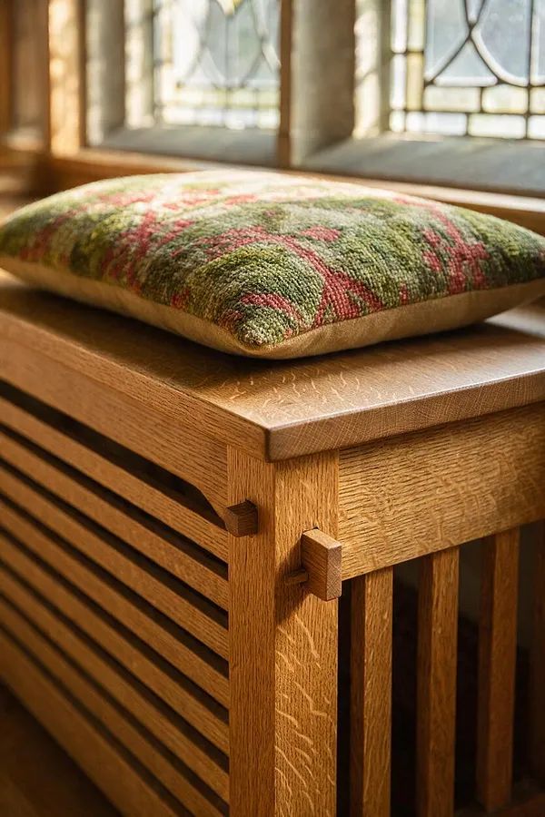 A close-up view of a Craftsman-style oak window seat with slatted wood panels and exposed joinery. A softly upholstered cushion with a green and rose floral pattern rests on top, with leaded glass windows glowing in the background.