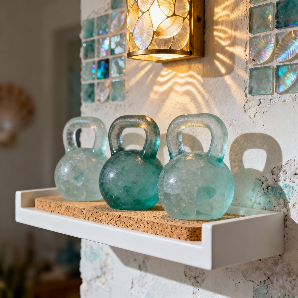 Close-up of a coastal-themed home gym detail: three translucent aquamarine glass kettlebells rest on a white floating shelf lined with cork. Behind them, a textured white plaster wall is inset with small aqua glass and iridescent shell tiles, while a brass sconce with a scallop-pattern shade casts warm, watery light and soft shadows on the surface.