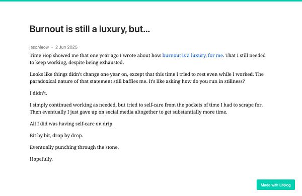 A reflective post discussing the concept of burnout and self-care over time.