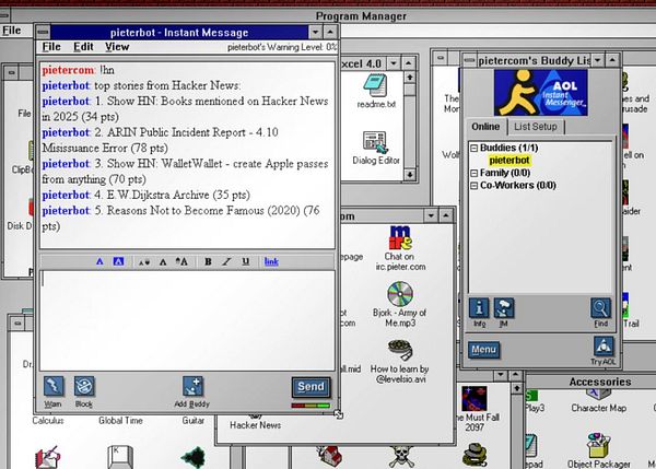The image displays an instant messaging interface featuring a bot named 'pieterbot' that shares top stories from Hacker News.