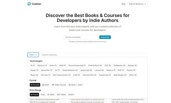 The image displays a webpage for Codelier, showcasing resources for developers with various filtering options.